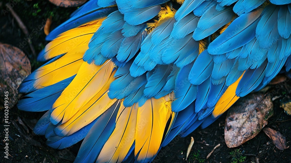 Poster   A photo of a blue-yellow bird's feathers on the ground with surrounding rocks and leaves in the background