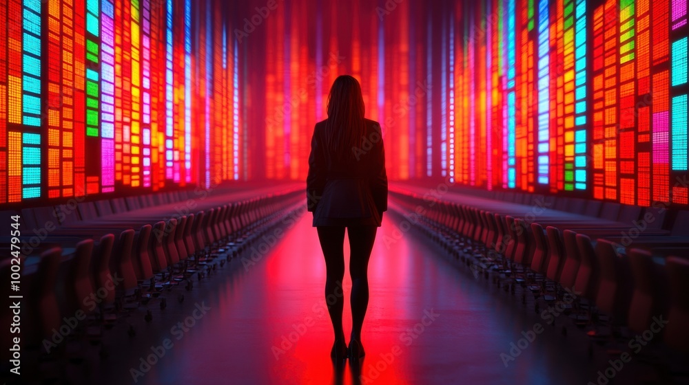 Poster A woman walking down a long hallway with bright lights, AI