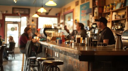 A coffee shop with people ordering drinks at the counter.