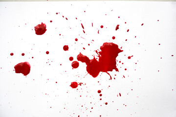 Blood splatters on white background. Red blots of watercolor Realistic bloody splatters for...