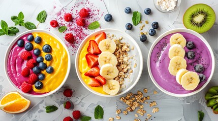 A flat lay of three smoothie bowls.