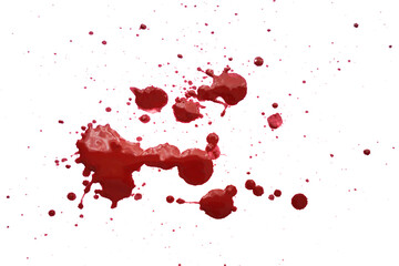 Blood splatters on white background. Red blots of watercolor Realistic bloody splatters for Halloween Drop of blood