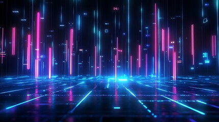 Abstract digital background with neon light bars creating a futuristic landscape.