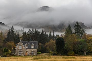 Stone house surrounded by foggy forest landscape