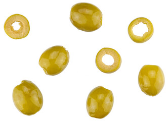 Scattered natural pitted green olives preserved and sliced isolated n a transparent background. Completely in focus. Top view.