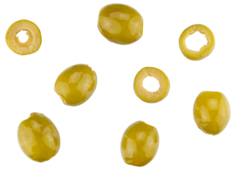 Scattered natural pitted green olives preserved and sliced isolated n a transparent background. Completely in focus. Top view.