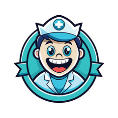 Cute little male doctor cartoon character, logo icon vector design looking at camera