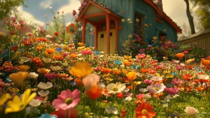 A Colorful Field of Flowers in Front of a Quaint House