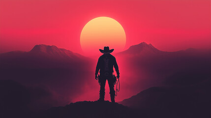 Fototapeta premium A man in a cowboy hat stands on a mountain overlooking a sunset. The man is holding a gun and he is a lone cowboy. The image has a mood of solitude and adventure