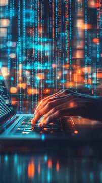 Hands typing code on a laptop with vertical digital code streams around the device. Futuristic software development concept.