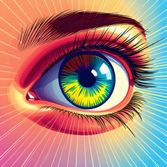 A digital illustration of a healthy eye with radiating lines of light, symbolizing vision and eye health.