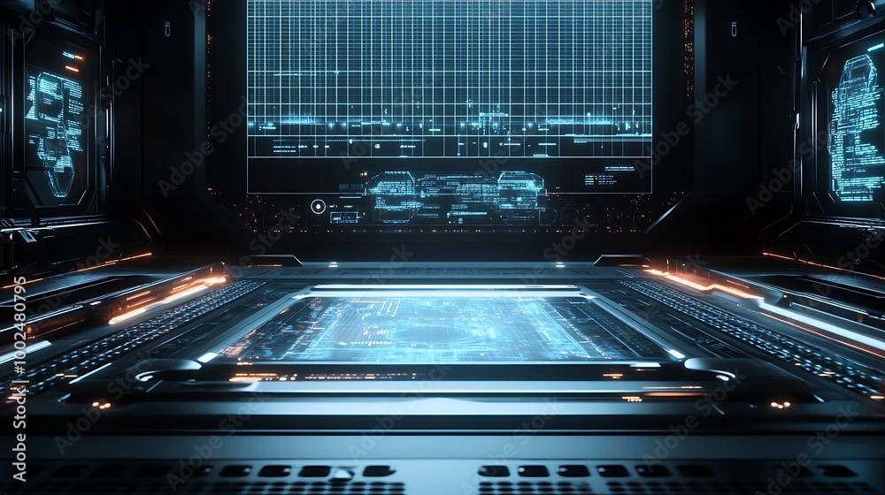 Poster Futuristic tech control room with glowing interface.