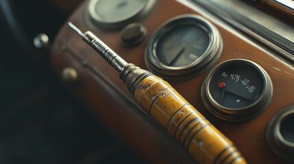 Vintage Screwdriver Resting on Car Dashboard with Gauges