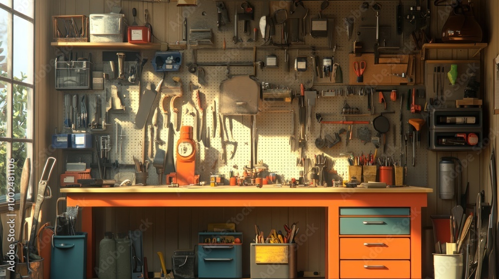 Poster A well-equipped workshop with an orange workbench and various tools and storage