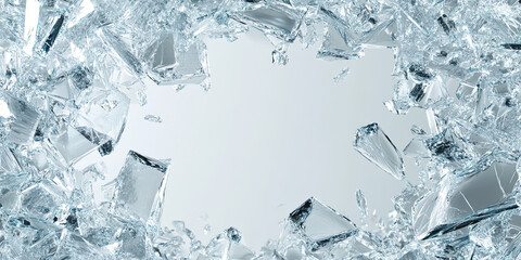 Smash glass background, broken shards of ice graphic resource illustration border, empty space, generated ai