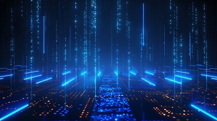 Obraz premium Abstract digital landscape with glowing blue data streams and circuit patterns, representing data flow and technology.