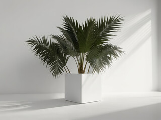 Minimalist indoor plant display on white pedestal with modern geometric shapes.