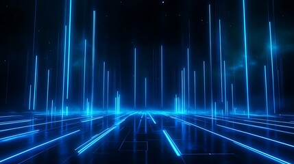 Fototapeta premium Abstract digital landscape with glowing blue lines on a dark background, creating a futuristic atmosphere.