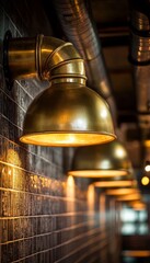 Row of Gold Industrial Style Dome Lights with Piping on Aged Exposed Brick Interior Wall