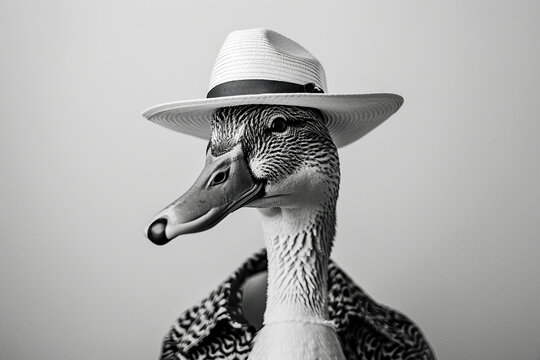 Naklejki Black and white image of stylish duck wearing old fashioned coat generative ai
