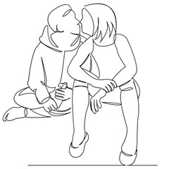 One continuous single drawing line art doodle kiss, male, couple, female, romance, love, together, happiness. Isolated flat illustration hand draw contour on a white background
