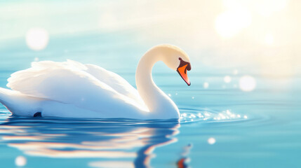 Obraz premium Graceful white swan gliding across a tranquil lake at sunrise