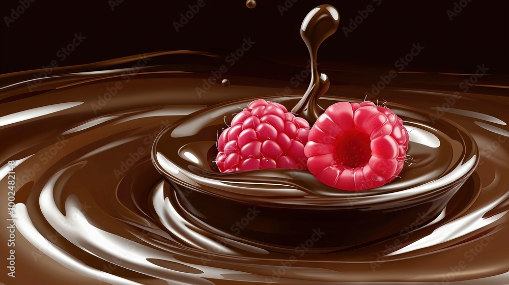 Sticker   Two raspberries in a chocolate-dipped bowl with a drizzle of chocolate on the rim