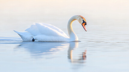 Elegant swan gliding gracefully across tranquil water in soft morning light