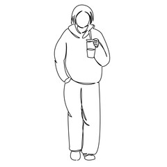 One continuous single drawing line art doodle beautiful, female, girl, drink, woman, coffee, cafe, fashion. Isolated flat illustration hand draw contour on a white background
