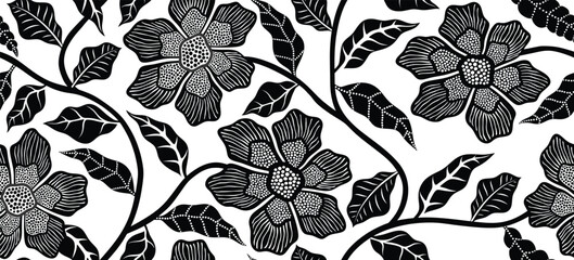Abstract floral seamless pattern with batik style. black flower and leaves vector background. © andin