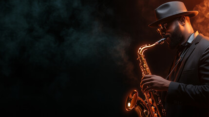 A man in a hat is playing a saxophone. The image has a moody and mysterious feel to it.