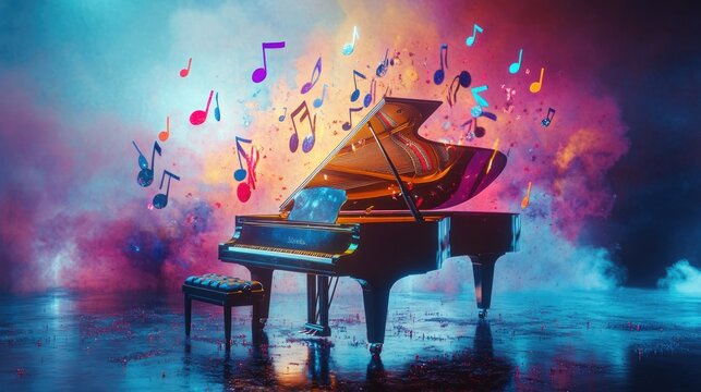 Colorful musical notes rising from a grand piano, celebrating the spirit of International Music Day.