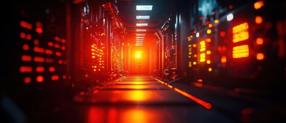 Futuristic data center hallway with glowing lights and wires, high-tech atmosphere.