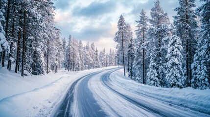 Winter road trip with snow-covered landscape. Roadway and route snowy street trip. Driving