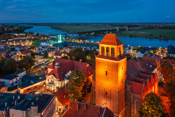 Beautiful scenery of Tczew city by the Vistula River at dusk. Poland
