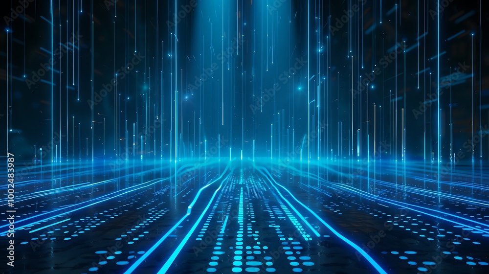 Poster abstract neon digital background with glowing lines and particles creating a futuristic atmosphere.