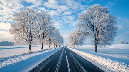 Winter road trip with snow-covered landscape. Roadway and route snowy street trip. Driving