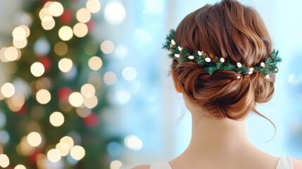 Naklejka premium Elegant hairstyles for holiday celebrations featuring a festive hair accessory