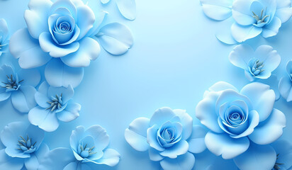 Blue floral composition with roses and flowers on a light blue background for design purposes

