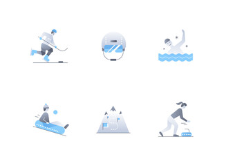 Winter sports and games - flat design style icons set. High quality images of ice hockey, protective helmet, open water swimming, downhill skating, curling, people, mountain track with obstacles