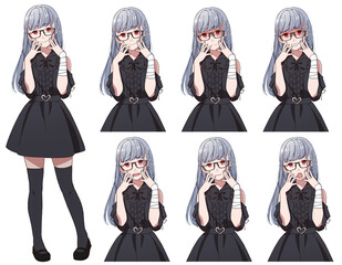 アニメ風ヤンデレの女の子の全身立ち絵と上半身表情差分