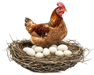 Hen sitting on a nest, protecting her eggs on transparent background