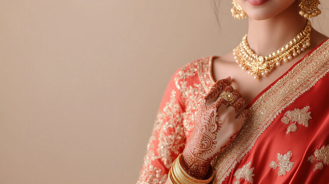 A woman wearing a red sari with gold jewelry. She is holding her hands up to show off her jewelry