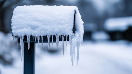 Snow-covered mailbox with long icicles in a cold, snowy winter landscape