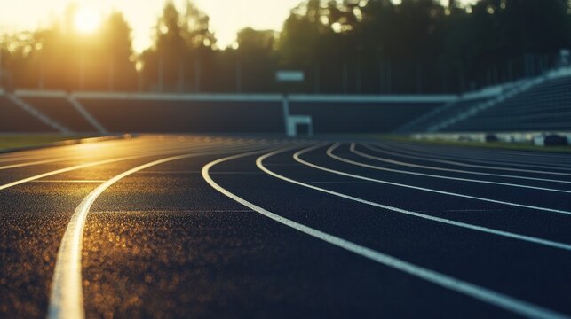 A sunlit running track with gentle curves, inviting athletes for training or competition.
