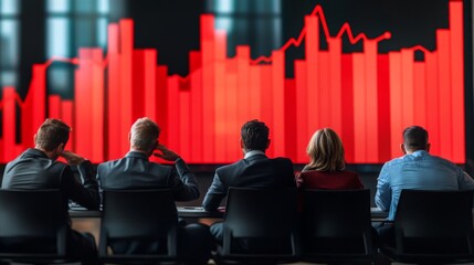 A group of people are sitting in a room looking at a red graph