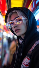 Obraz premium Young Person with Platinum Blonde Hair and Trendy Style in an Urban, Neon-Lit Setting