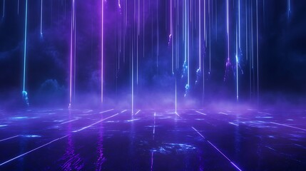Abstract neon lights illuminate a mystical landscape with vibrant colors and reflections.
