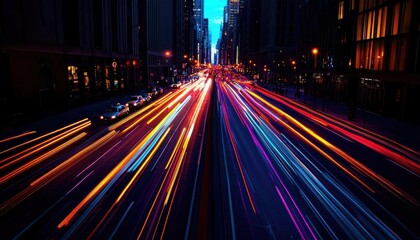 Obraz premium Light trails of cars in a vibrant cityscape at dusk, showcasing dynamic movement and urban energy.