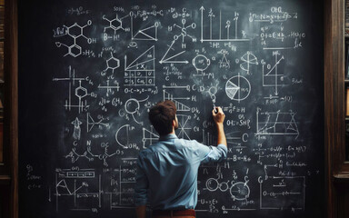 A man is currently writing on a blackboard using a marker pen